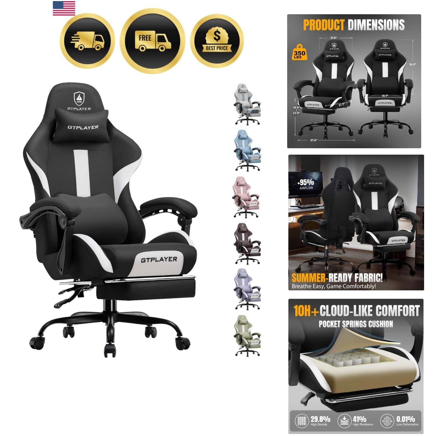 With Foot Rest & Pocket Spring Cushion, Breathable Fabric Fo