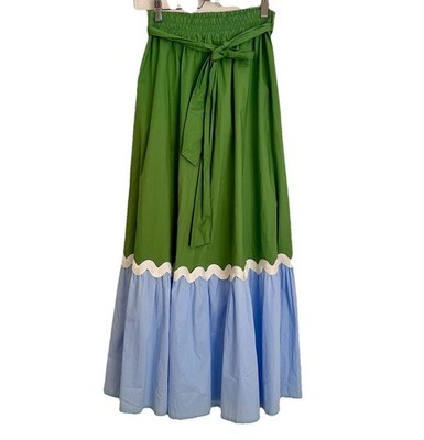 NWT Wiya Italy Cotton Ric Rac Detail Full Midi Skirt Green Blue Color Block S/M