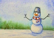 Watercolor Painting Snowman Winter Snow Snowflakes Landscape Christmas ACEO Art