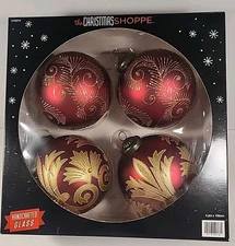 LARGE Christmas Shoppe 4 Pk Glass Ball Ornaments Dark Red & Gold Glitter  NEW 