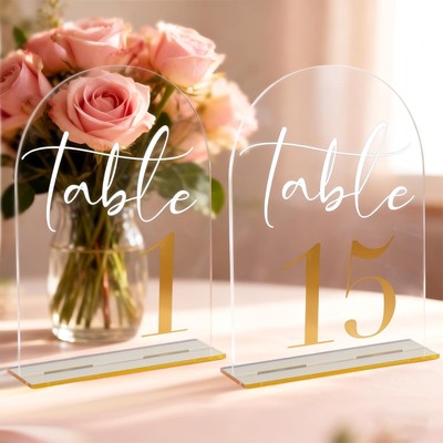Arch Wedding Numbers 1 15 with Stands   Clear Acrylic Signs with Gold Text, D...