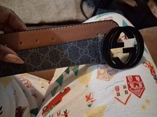 Gucci Supreme Black Gray Leather Canvas Belt GG Buckle Size 105/42