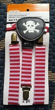 Kids Pirate Costume Set Black Skull Eye Patch red stripe suspenders ages 3-8