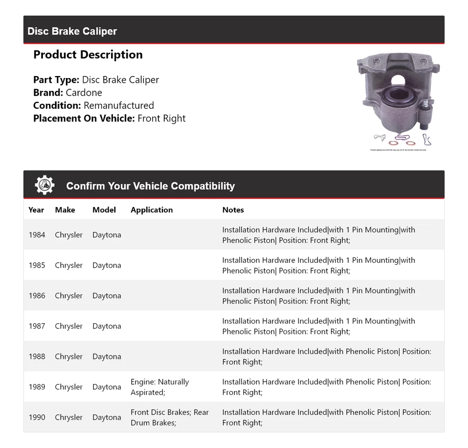 Pinza de freno de disco delantera derecha Cardone 1985 1986 para Chrysler Daytona 1984-1990 Foto 2 de 4