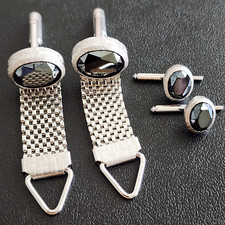 Swank Cufflinks  Shirt Studs   Faceted Black Gem Silver Tone Mesh Wrap Around