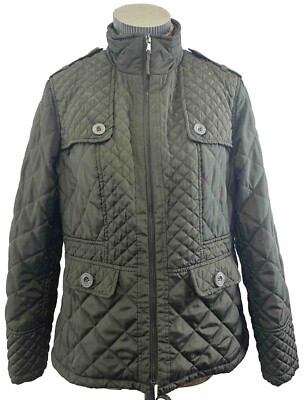 DEBENHAMS JACKET 14 GREEN Olive Quilted Wadded Zip Up High Collar Midi Casual