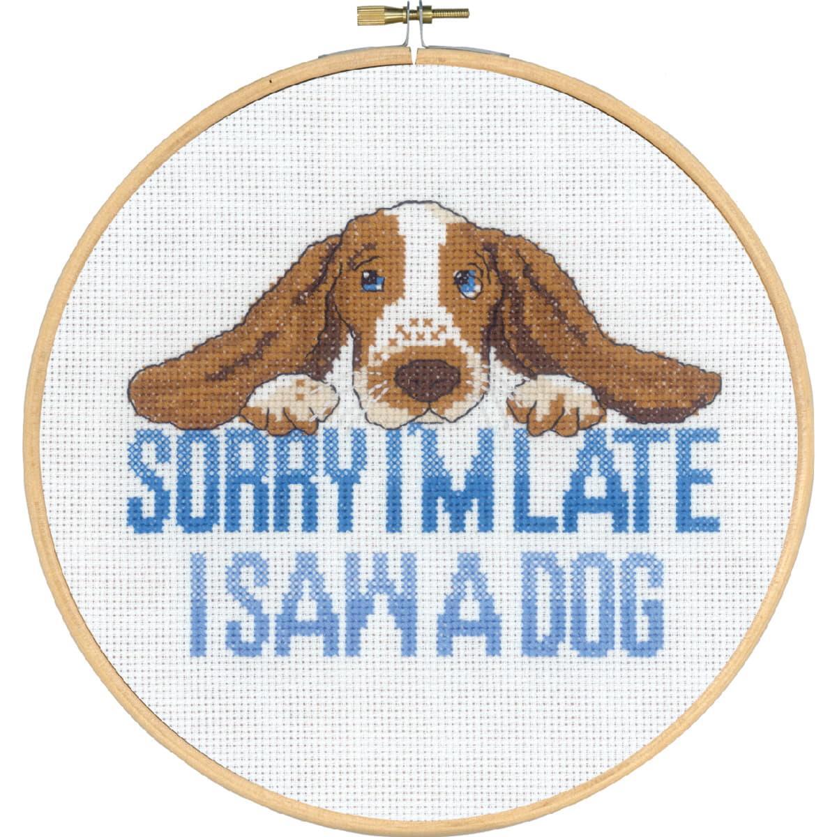 Permin counted cross stitch kit with hoop ""Sorry I´m late"", Diam. 20cm, DIY, 92-