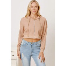 Waffle-Knit Drawstring Zip Up Hoodie