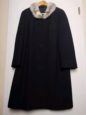 Vintage Damen Mantel, Custom Made, Gr. 46, Boucle, Schwarz, Pelz Kragen