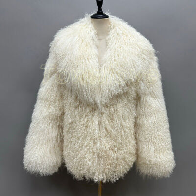 Women's 100% Real Mongolian Sheep Fur Coat Turn Down Collar Warm