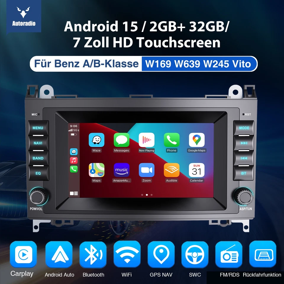 Für Mercedes Benz A/B-Klasse W169 W245 W639 32G Android 15 CarPlay Autoradio KAM - Bild 3 von 4