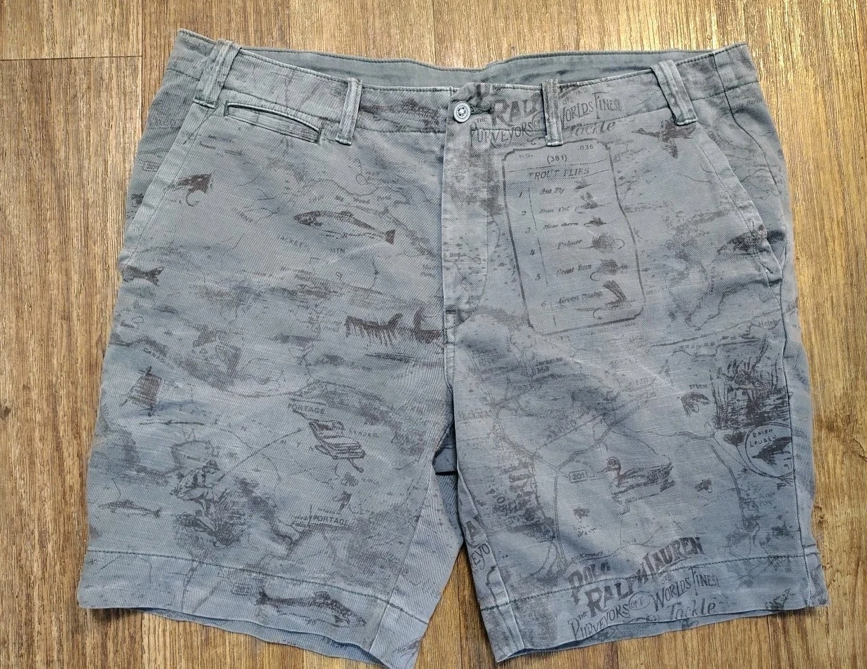 VTG POLO RALPH LAUREN SHORTS MENS 38 GREEN ALL OVER PRINT FLY FISHING MAP TACKLE