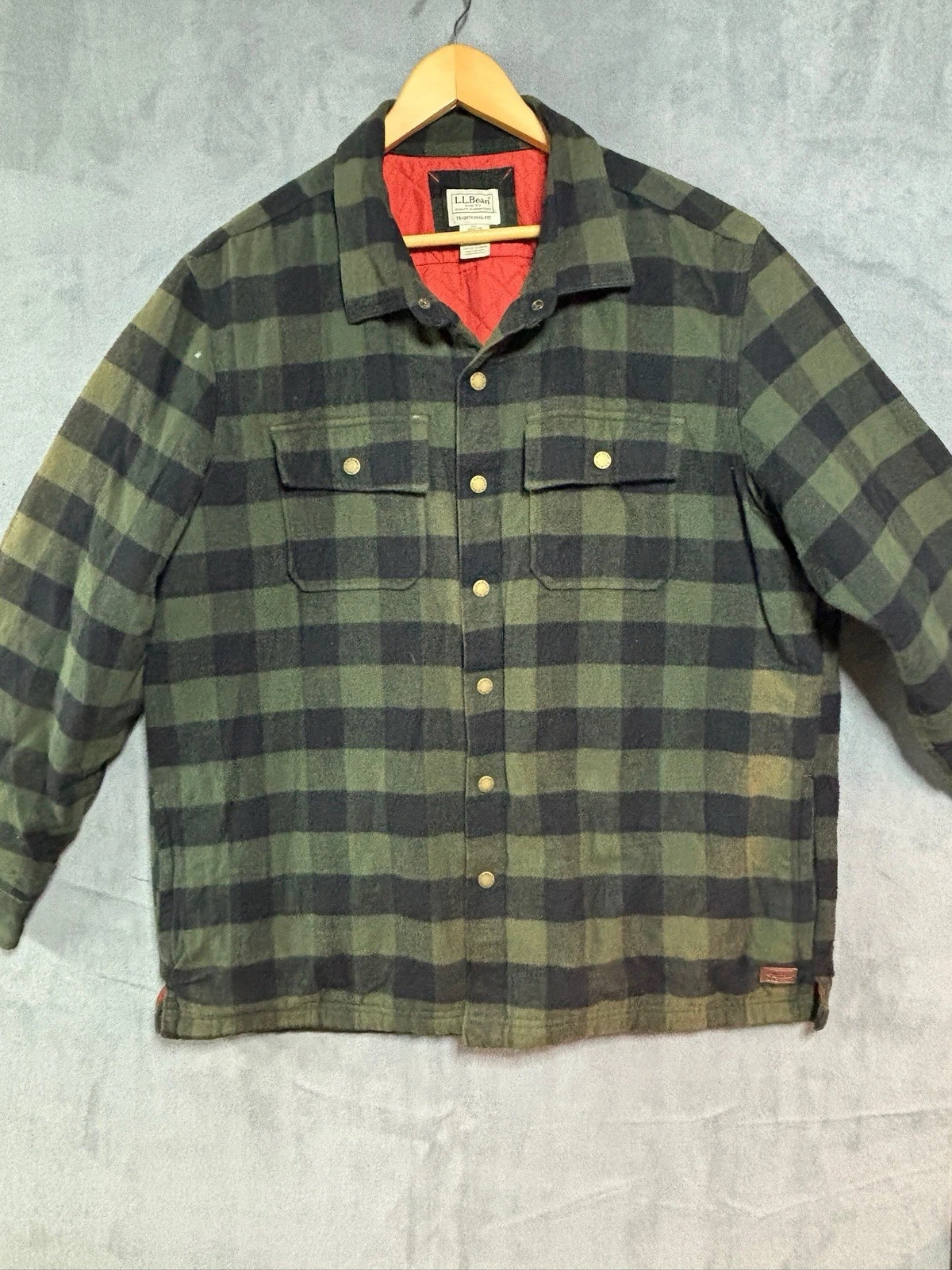 LL Bean Flannel Shacket Insulated Lined Jacket Green Black Plaid Men's Large