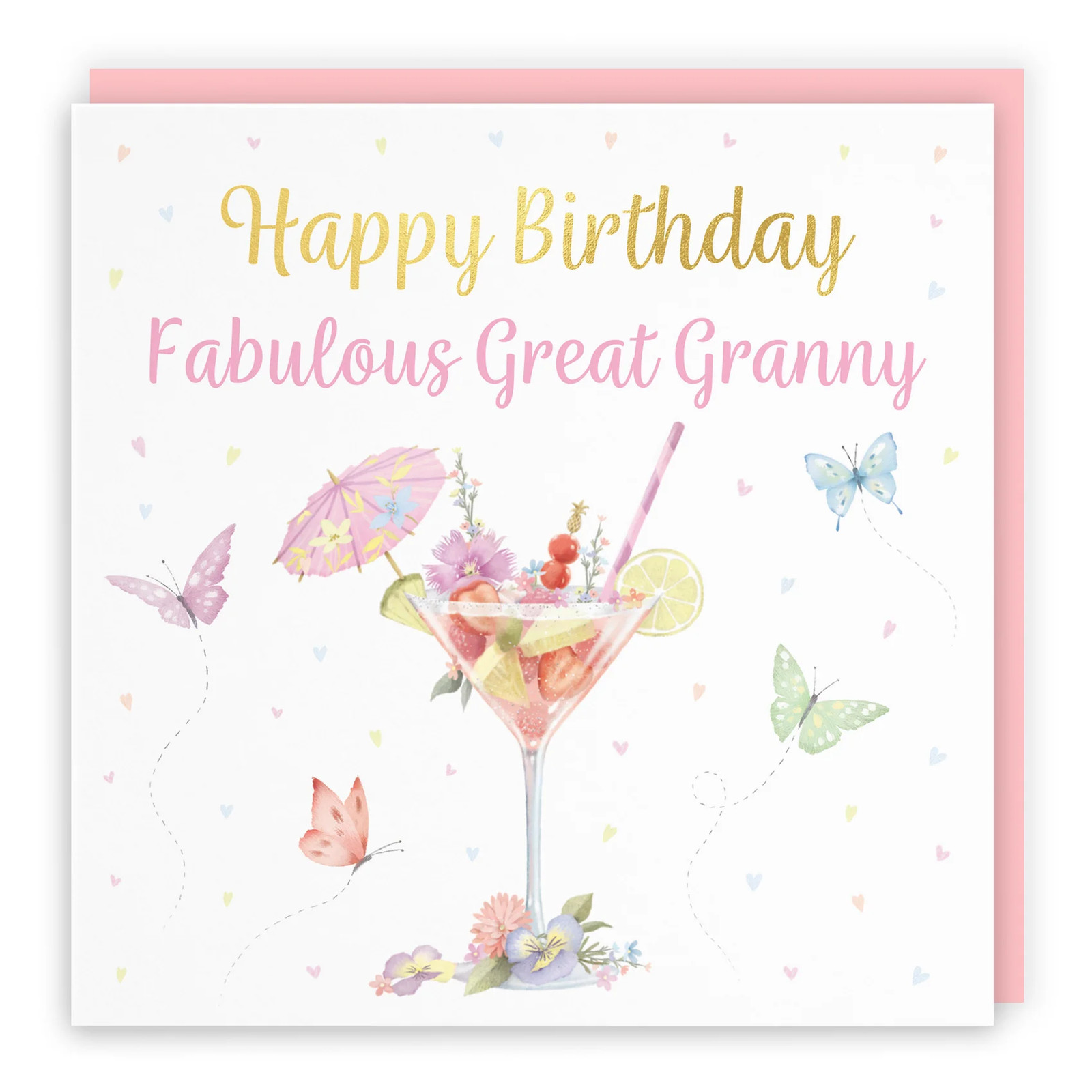 Great Granny Pink Cocktail And Butterflies Birthday Card Gold Foil Milo's Galle