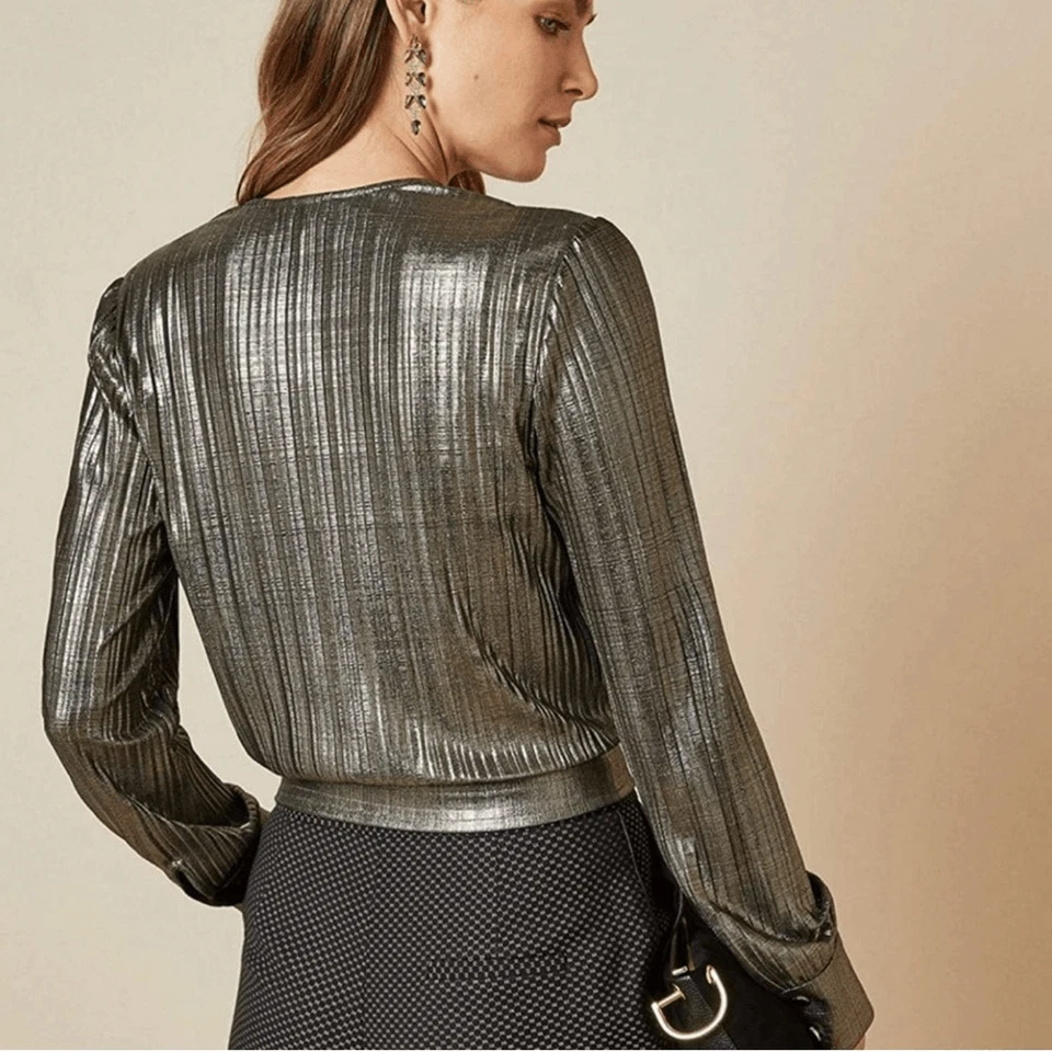 Ted Baker Elwiira Gathered Metallic Wrap Top - Gray Large - Image 4 of 4