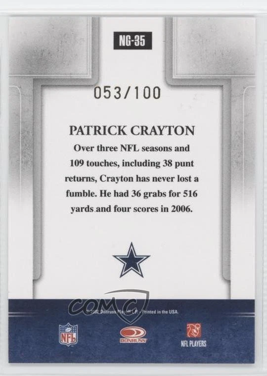 2007 Donruss Gridiron Gear Next Generation Gold /100 Patrick Crayton #NG-35 - Image 2 of 2