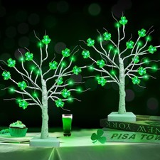 St. Patrick's Day Prelit Tabletop Trees, 2 Pack 18" w/Timer, Green Shamrocks