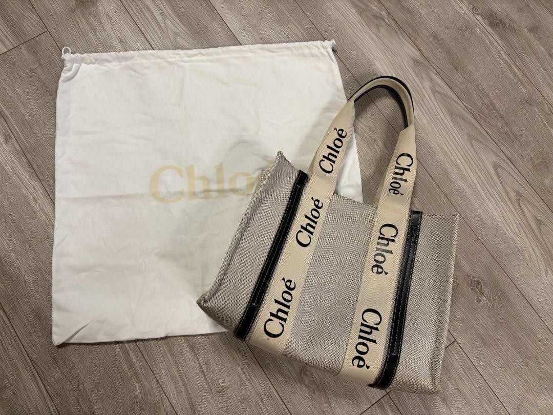 Chloe Woody Medium Tote Bag in Beige Brown Cotton Canvas for Women