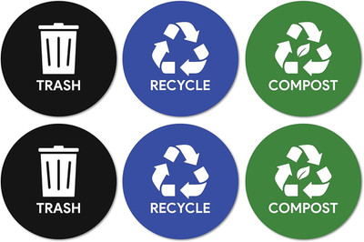 6Pk Trash Compost Recycle Stickers for Trash Bins, 4'' round |