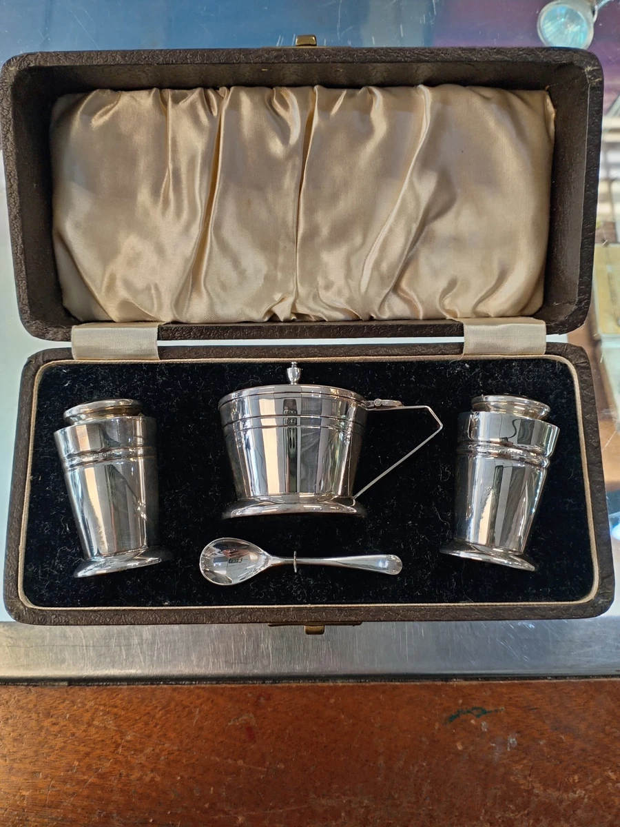Antique Condiment Set in Antique Solid Silver Salt & Pepper