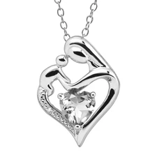 Finecraft White Topaz Mother & Child Heart Necklace with Diamond in Silver, 18"