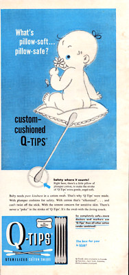 Q-Tips Cotton Swabs Baby Sitting on Pillow Cushion Blue Vintage Print Ad 1959