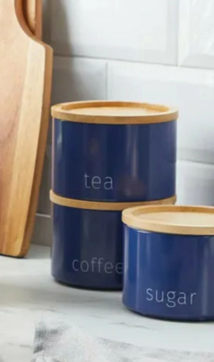 Navy Shade Metal Tea Coffee Suger Canister Jar Wood Lid Kitchen Storage Box Gift