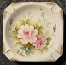 Beautiful Vintage Hand Painted Porcelain Ashtray With Pink Roses and Gold Trim.