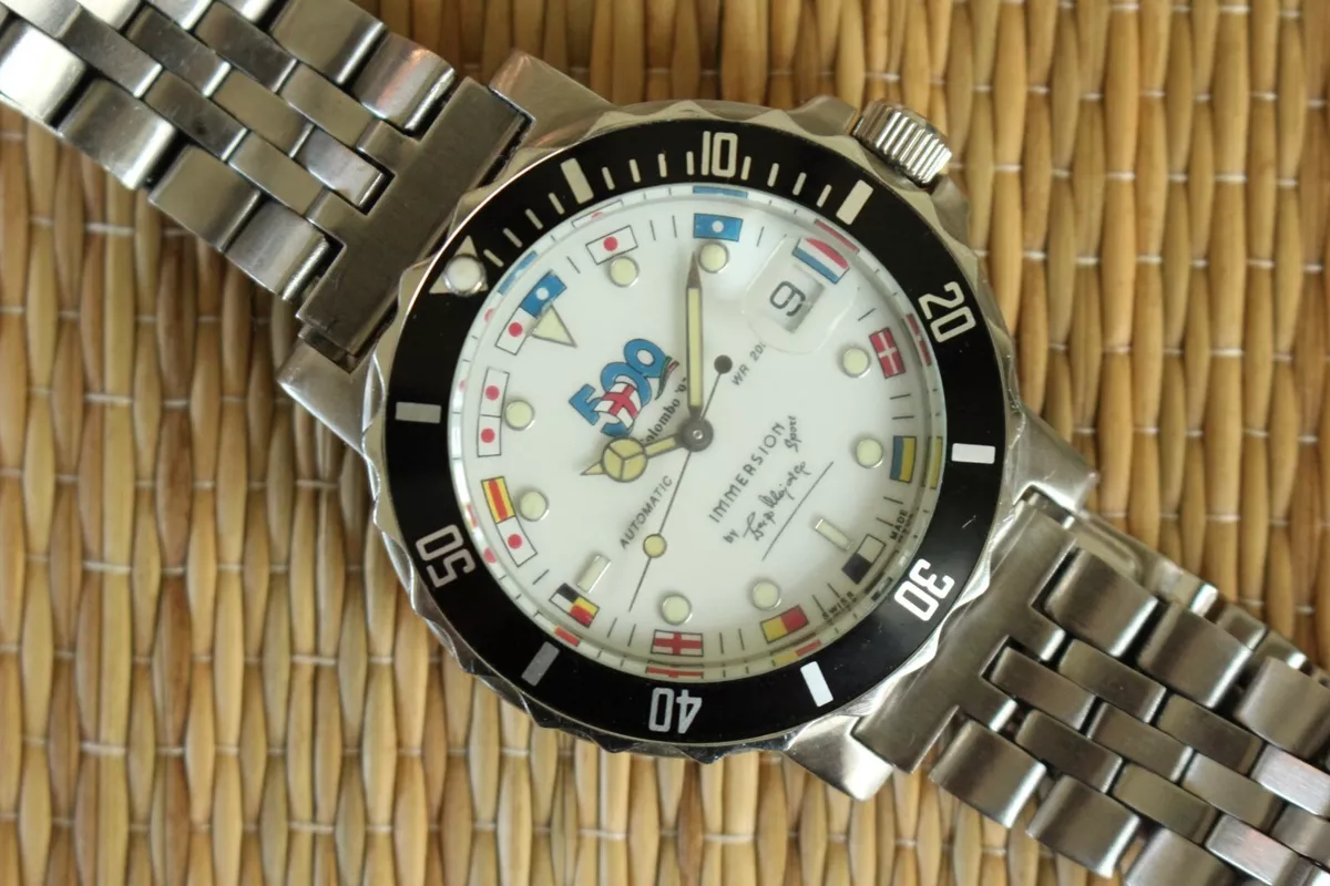 VINTAGE IMMERSION COLOMBO 92 200M ALL STAINLESS RARE FLAG DIAL FREE DIVERS WATCH