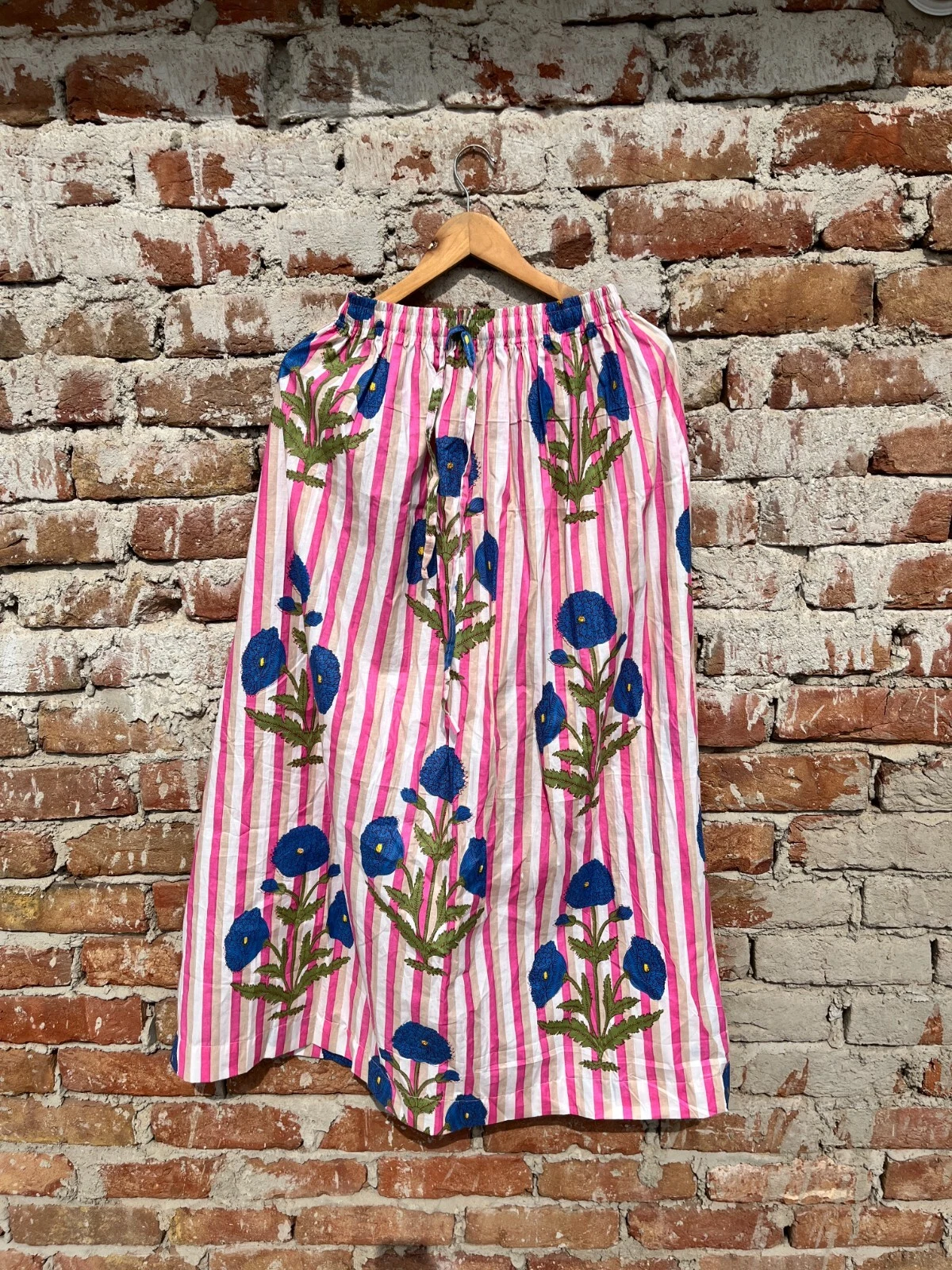 Indian Cotton Pink Striped Blue Floral Skirt Women's Clothing Partywear Skirt AU