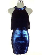 New GUESS Exquisite BLACK/COBALT BLUE Sequin Halter Cocktail Dress size 0