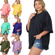 1X 2X 3X Round Neck Raw Edge Oversized Cotton T Shirt Short Sleeve Front Pocket