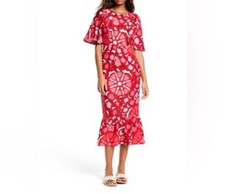 RHODES X TARGET Red Zinnia Floral Linen Midi Dress Ruffle Hem US 14 UK 18 New