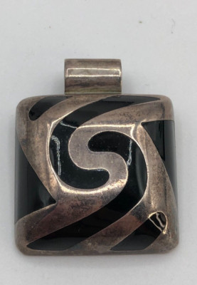 Vintage Sterling Silber 925 Handarbeit Anhänger schwarzes Inlay SIGNIERT MSA 10,5 Gramm
