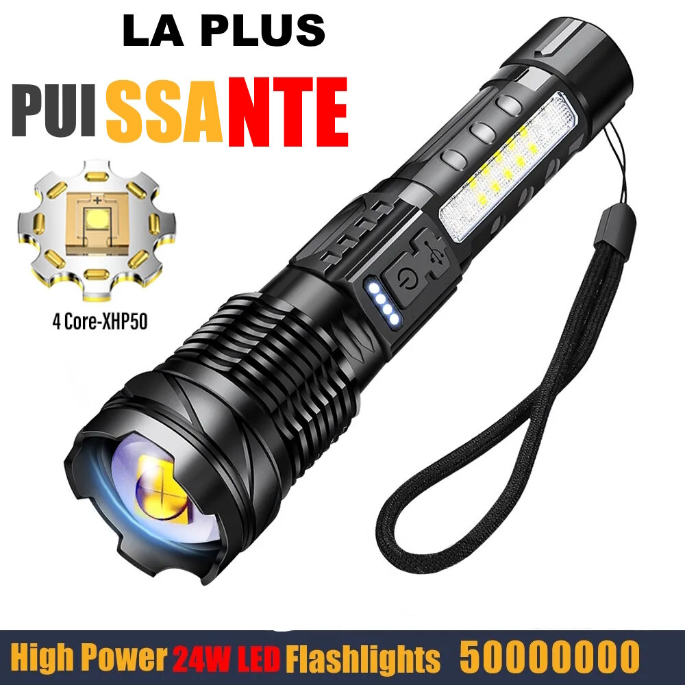 Lampe Torche Rechargeable Avec Choc électrique Et Alarme – Auto-défense, 300 Lumens, Zoom, 3 Modes Pour Rando, Voyage, Sécurité