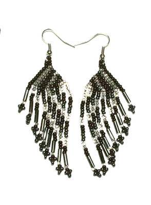 Angel Wing Beaded Earrings 3'' L Silver & Black Beadwork Regalia A04