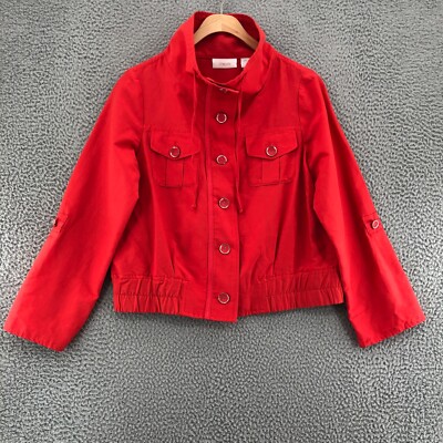 Chicos Jacket Womens 0 US Small Sport Deva Red Button Up Roll Tab Sleeves Active