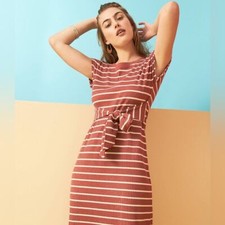 LOFT Stripe Ribbed Belted Midi Dress
