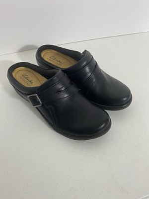 Clarks Collection Angie Braley Black Leather Slip On Comfort Clogs Mule Sz 6.5