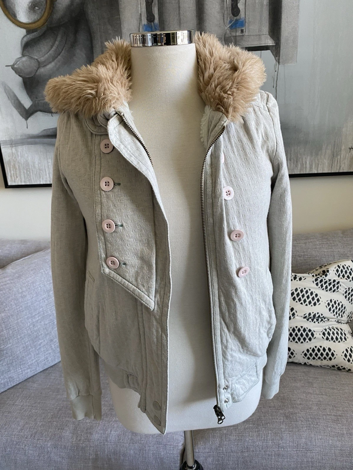 MARC by MARC JACOBS Grey Faux Fur Sherpa Lined Zip Bomber Snow Jacket Hoodie S