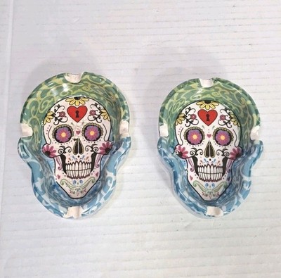 Skull Day of the Dead Blue Green Floral Ashtray Set of 2 4.5'' Unique Decor Tray