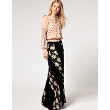 Free People Velvet Floral Panel Maxi Skirt Boho Retro Romantic Black Size 2