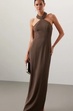 Ronny Kobo Women's Lenox Halter Neck Dress Gown Brown Crepe Size M