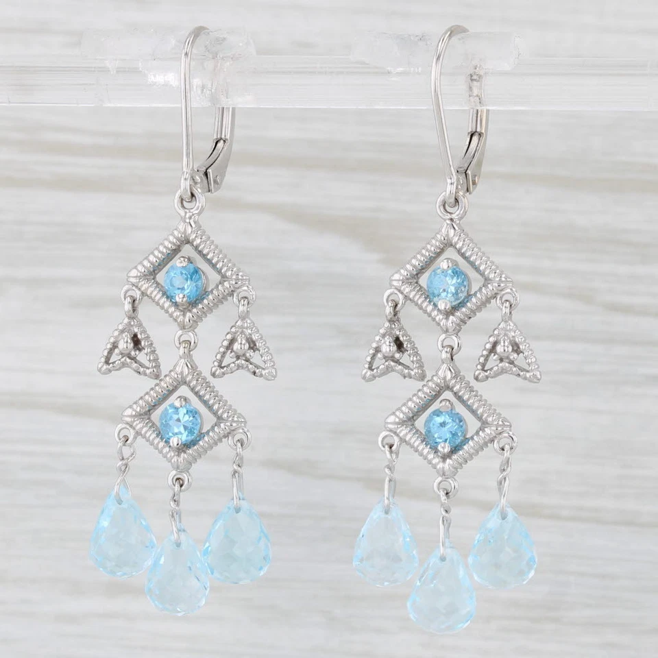 Blue Topaz Briolette Dangle Earrings 14k White Gold Chandelier Drops - Image 2 of 4