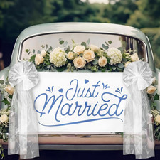Just Married Burlap Banner White Tulle Bow Car Sign Decoration, Wedding Fabric B