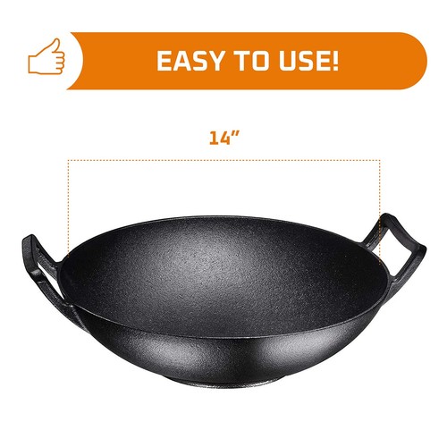 Bruntmor Pre Seasoned Cast Iron Wok Black 14inch w Large Loop Handles Flat Bas - Picture 5 of 8
