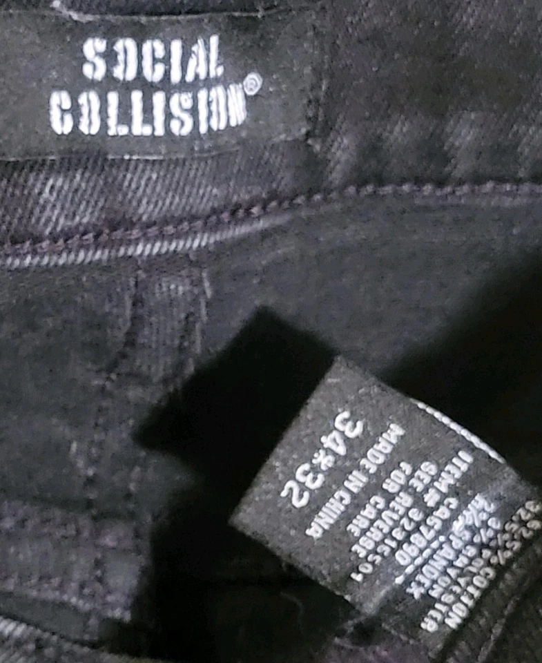 Pantalones de mezclilla para hombre Social Collision 34x32 negros "Stay Away" ajustados negros aguijón Foto 3 de 4