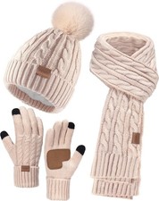 Women Beanie Hat Scarf Gloves Set, 3 PCS Winter Warm Pom One Size, Oatmeal