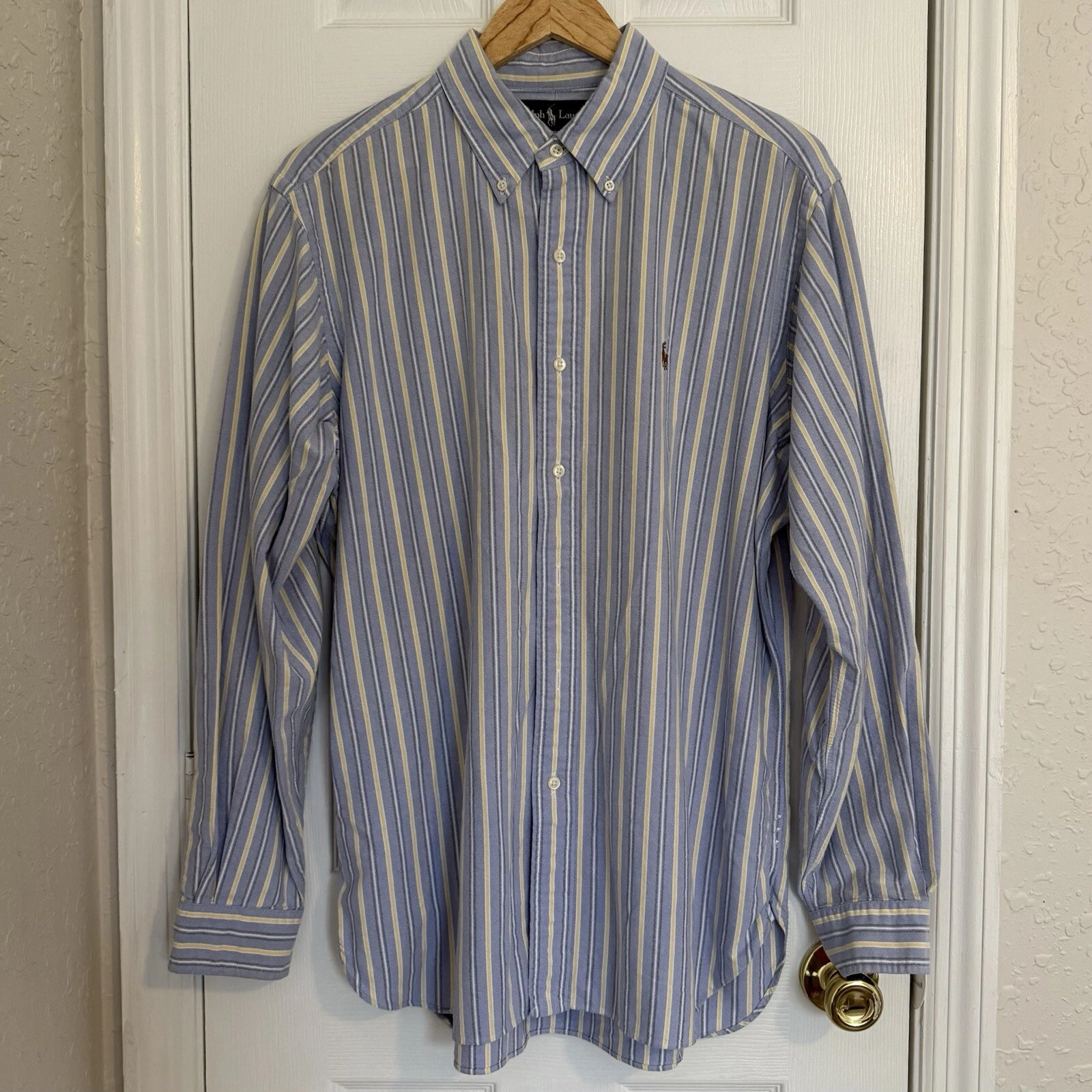 Polo Ralph Lauren Button Down Dress Shirt Large Blue White Yellow Striped