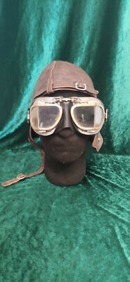 VINTAGE HEIN GERICKE AVIATOR MOTORCYCLE LEATHER HAT + HALCYON GOOGLES 1970s